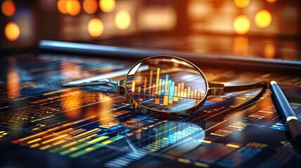 Strategic Business Audit and Financial Management: Analyzing Data for Profitable Growth, Magnifying glass science and technology, Graphs and dashboard