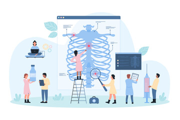 X-ray in medicine and surgery, consultation of orthopedist vector illustration. Cartoon tiny doctors check chest xray image with magnifying glass, diagnostics of orthopedic diseases in hospital