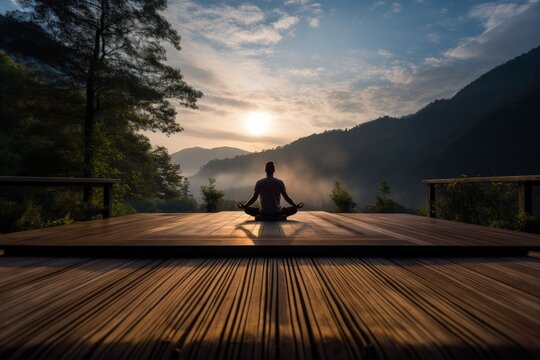 Man practices yoga on a wooden terrace