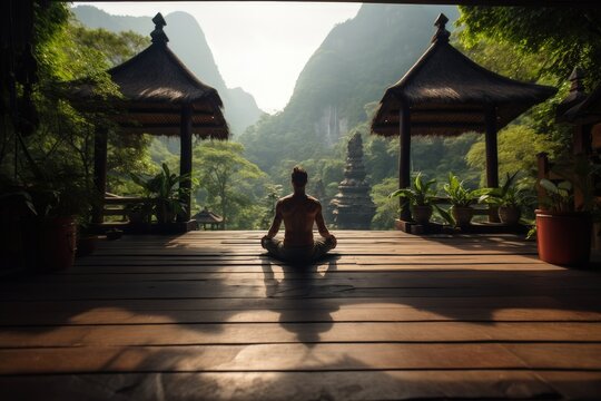 Man practices yoga on a wooden terrace