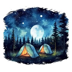 A Camping Tent in the forest with Night sky, watercolor for T-shirt Design.