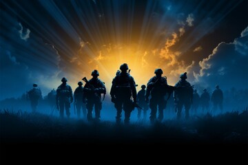 Silhouetted army soldiers, Brave in the Dark, symbolize fearless dedication