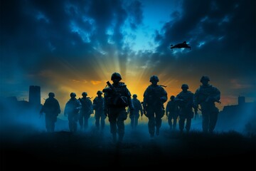 Fototapeta na wymiar Silhouetted army soldiers, Defenders of Dusk, stand strong in twilight