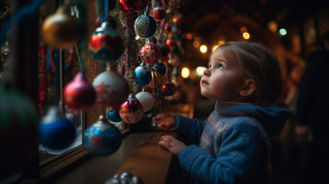 A child looks at Christmas tree ornaments. AI Generated