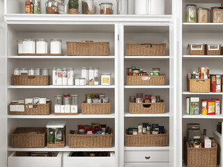 Despensa de alimentos organizada en una acogedora casa de estilo escandinavo en colores blancos. Vista de frente y de cerca.  IA Generativa - 664429519