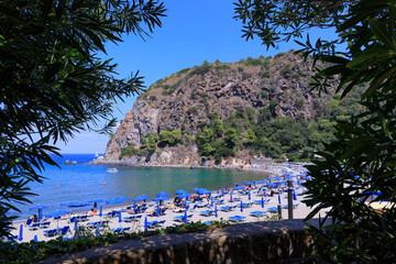 View of San Montano Beach situated in the municipality of Lacco Ameno in Ischia Island, Italy.