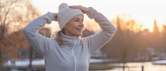 Mature woman sport stretching arms in the winter park.  - obrazy, fototapety, plakaty