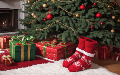 Fototapeta na wymiar Regali di natale sul pavimento di casa vicino all'albero di Natale - Magia del Natale
