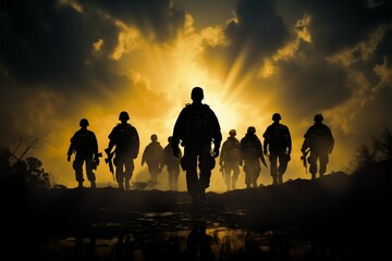 Soldier silhouettes, silent testament to their unwavering service and sacrifice - obrazy, fototapety, plakaty