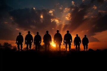 Soldiers against a golden sunset, an enduring symbol of valor - obrazy, fototapety, plakaty