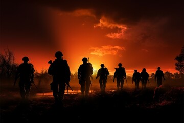 Fototapeta na wymiar Soldiers at sunset, field silhouettes, a poignant, heroic scene