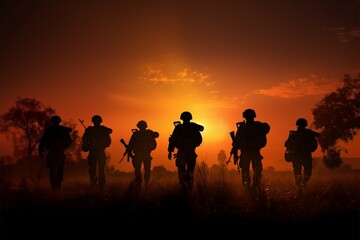 Fototapeta na wymiar Soldiers at sunset, field silhouettes, a poignant, heroic scene