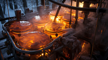 A mesmerizing overhead view of a maple syrup evaporator in action, showcasing the intricate process of sap being transformed into syrup
