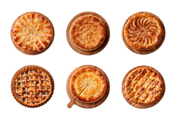 Collection of different tasty pies on wooden board isolated on transparent background, top view - obrazy, fototapety, plakaty