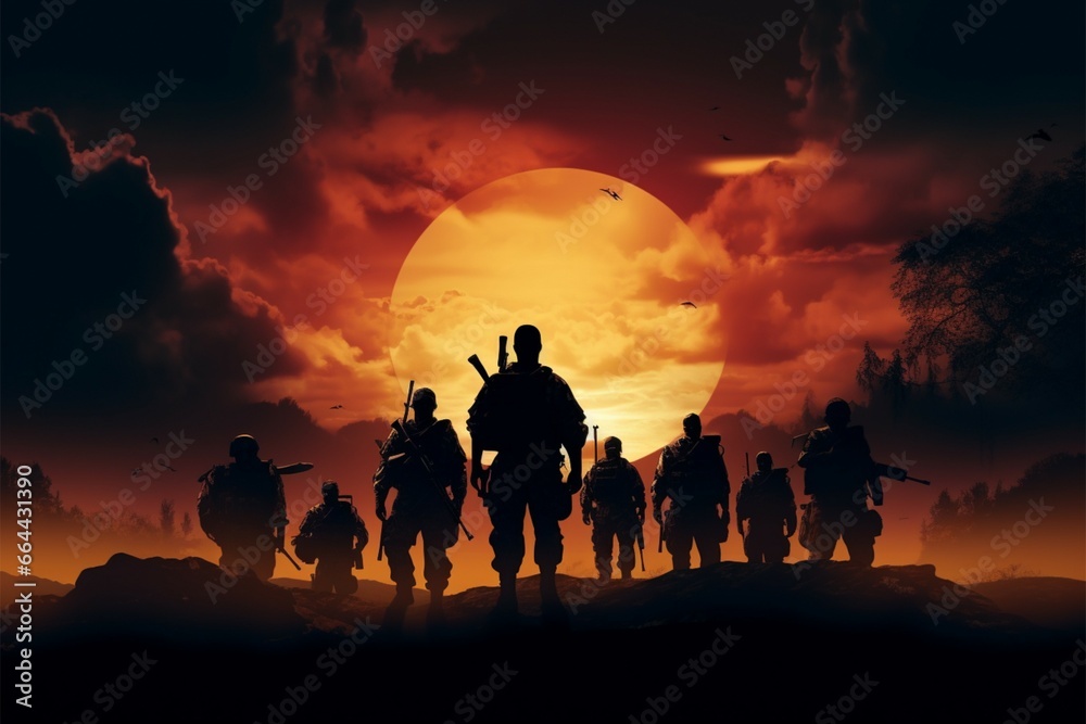 Wall mural Soldiers silhouettes in Shadows of Valor, a testament to bravery