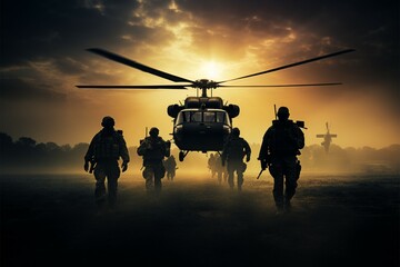Soldiers silhouettes framed by a helicopters imposing, awe inspiring presence