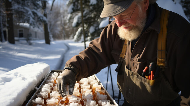 A seasoned syrup maker expertly drawing a line of syrup onto freshly fallen snow, creating classic maple candy