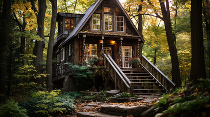 A delightful childhood memory captured: a wooden sugar shack treehouse, a child's hideaway in the heart of a maple forest - obrazy, fototapety, plakaty
