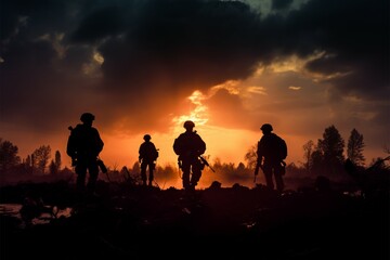 Fototapeta na wymiar Soldiers silhouettes rise from the smoky aftermath of a battleground