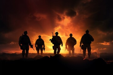 Fototapeta na wymiar Soldiers silhouettes stand out boldly against the backdrops intense ambiance