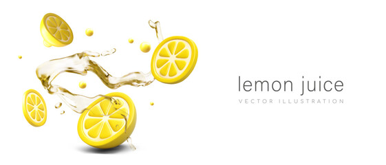 Poster with different lemon slices and splash of yellow juice. Dripping liquid with fruit. Fresh drink concept. Vector illustration in yellow colors with place for text