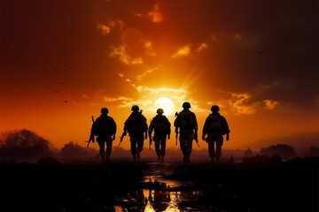 Sunset backdrop frames a collective of soldiers in commanding silhouette