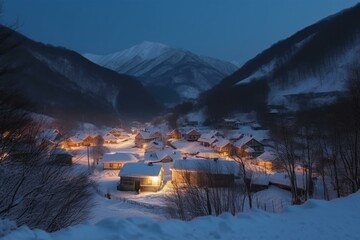 A picturesque evening with a snowy village and mountains. Generative AI