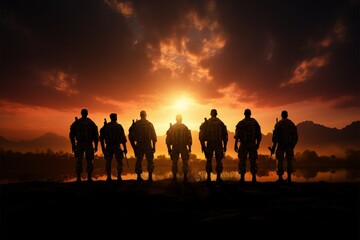 Fototapeta na wymiar Sunset backdrop frames four military personnel, a serene yet powerful image