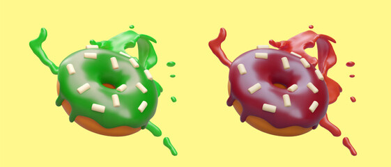 Poster with different donuts in red and green colors, and colorful splashes. Sweets with cherry and apple flavors concept. Vector illustration in 3d style