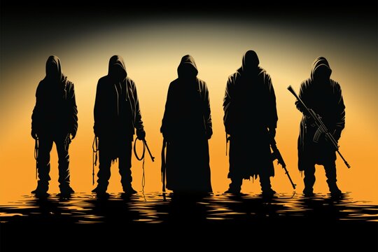 The minimalist flat style captures the haunting silhouettes of terrorists