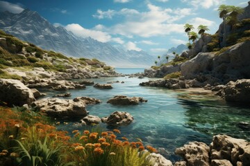 View of the Mediterranean Sea. Landscape with mountains, palms and stones. Panoramic view of the coast. Generative ai art.