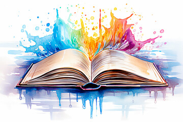 Open book with colorful splashes on a white background. Watercolor illustration