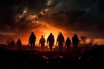 The stark silhouettes of soldiers set against a war torn battlefield - obrazy, fototapety, plakaty