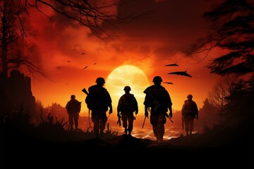 Fototapeta na wymiar Twilight Warriors Soldiers silhouettes stand strong against the setting sun