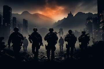 Urban backdrop soldiers, guns, and silhouettes guarding the citys safety