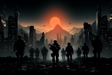 Urban defense soldiers in silhouette, guns at the ready - obrazy, fototapety, plakaty