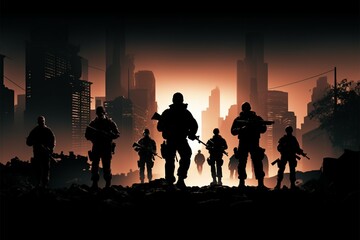Fototapeta premium Urban silhouette armed forces wielding guns, guarding the citys safety