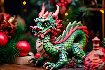 Fototapeta premium Chinese dragon and Christmas decoration on the wooden table in front of the Christmas tree