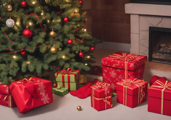 Regali di natale sul pavimento di casa vicino all'albero di Natale - Magia del Natale