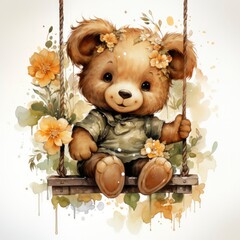 A cute happy teddy bear swings on a tree on a white background.
