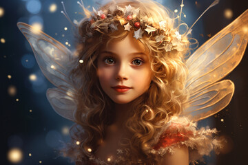 Beautiful fairy in a dark room with a garland of lights. beautiful blonde angel with wings on black background. Portrait of a beautiful fairy with wings. Fairy tale theme.