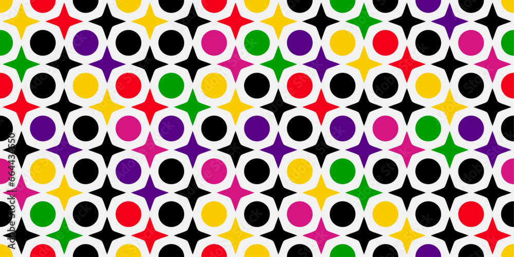 Poster Mosaic of multi-colored circles and four-pointed stars. Abstract repeating pattern texture.