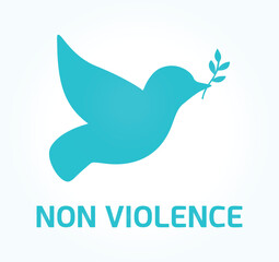 World peace. International Day of Non-Violence. Love, life, human rights, happiness, freedom, respect, unity, care. Vector illustration with dove of peace in blue. Flying, foliage. Symbol, icon