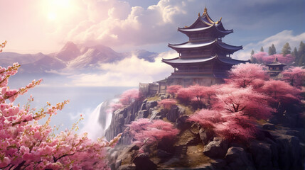 Stunning mountain view of Asian temple amidst mist and blooming sakura trees in misty haze...