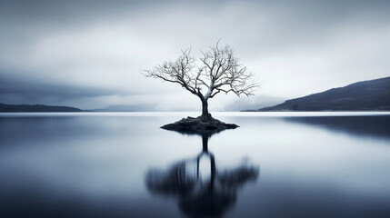 Lonely tree in midst of bleak lake creates melancholic atmosphere evoking sense of isolation, decay and passage of time, beauty in melancholic solitude and passage of time