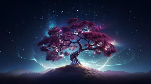 Magical tree with neon glows amidst colorful night sky illuminated by celestial lights symbolizing magic of making wishes upon stars and pursuing dreams in dreamlike landscape