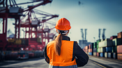 An engineer from behind at busy port full with ships and containers