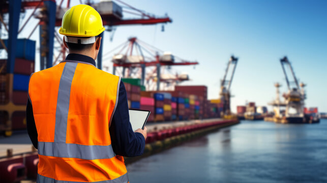 Foreman control loading containers box from cargo freight ship for import export, Business logistic concept, Import and export concept