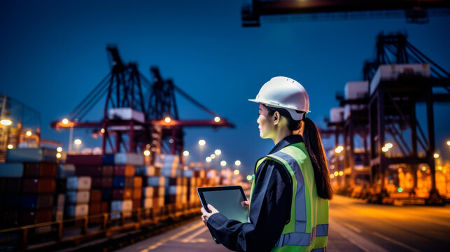 Engineer overlooking container-ship checking containers loading. Area logistics import export and shipping. 