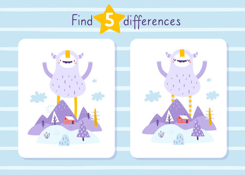 Find differences mini game for kids with cute yeti. Funny game with cartoon monster for baby boys.